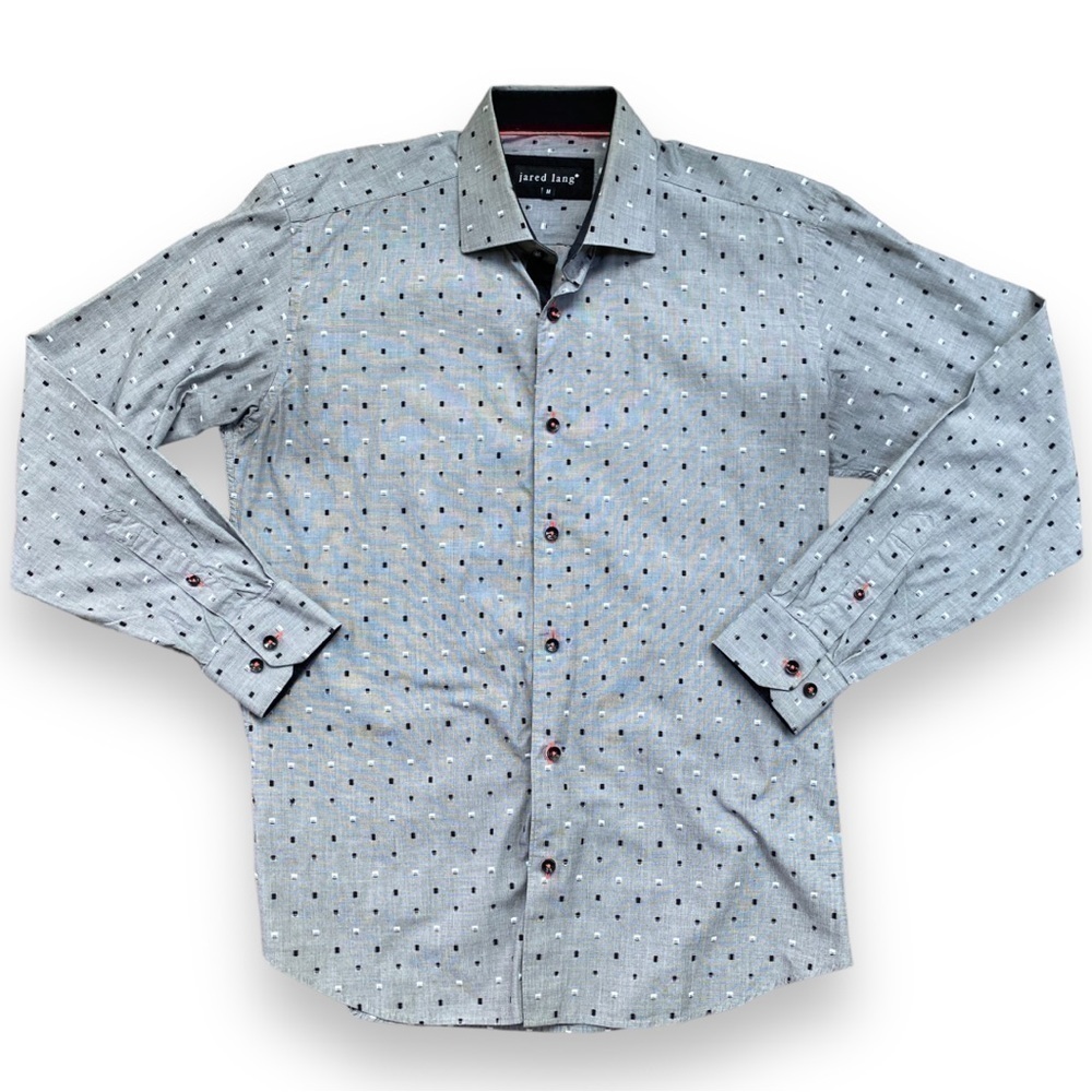 Jared Lang Gray Button Down With Black and White Rectangle Print Dress Shirt
